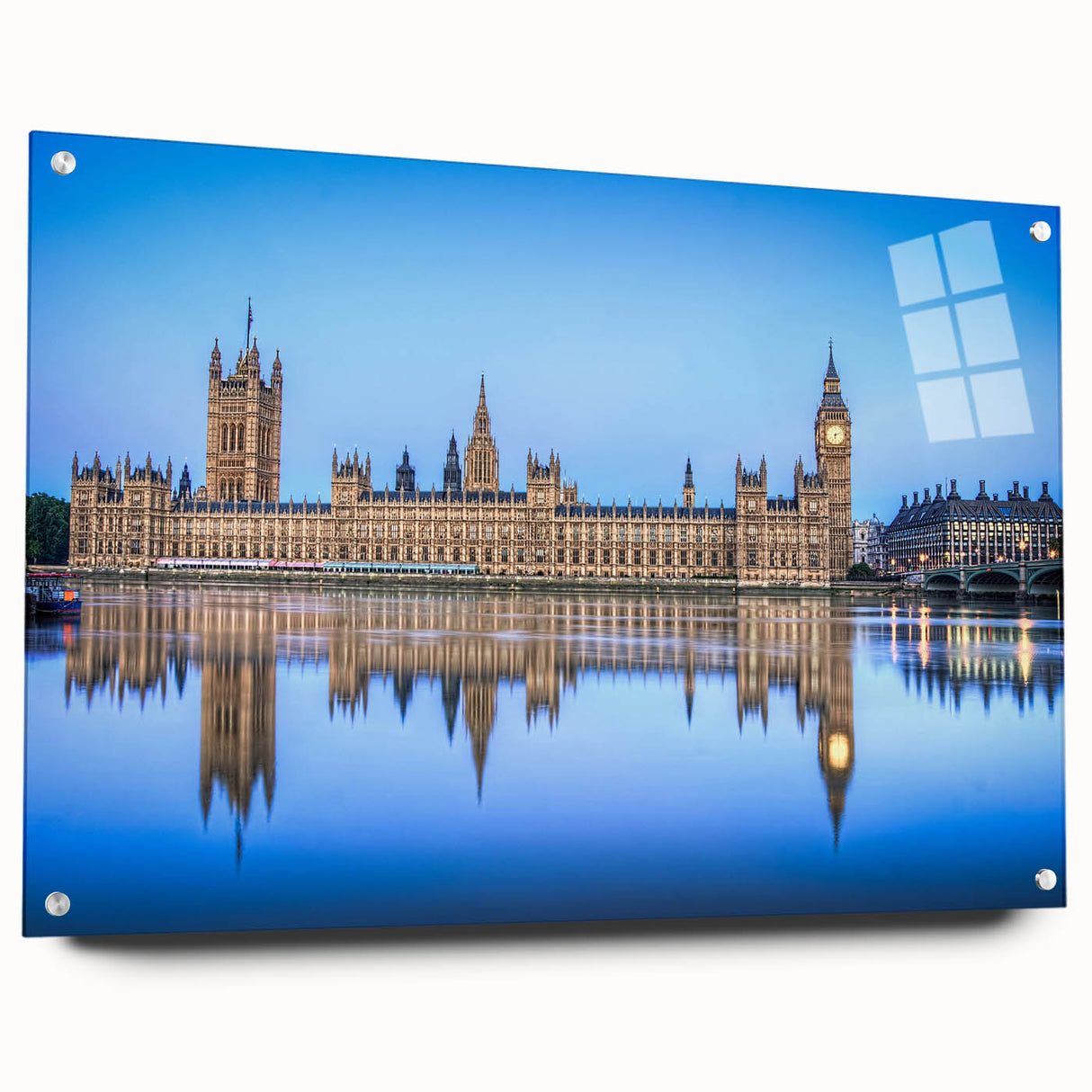Acrylic print of the Thames River with London landmarks in muted gray and blue tones.