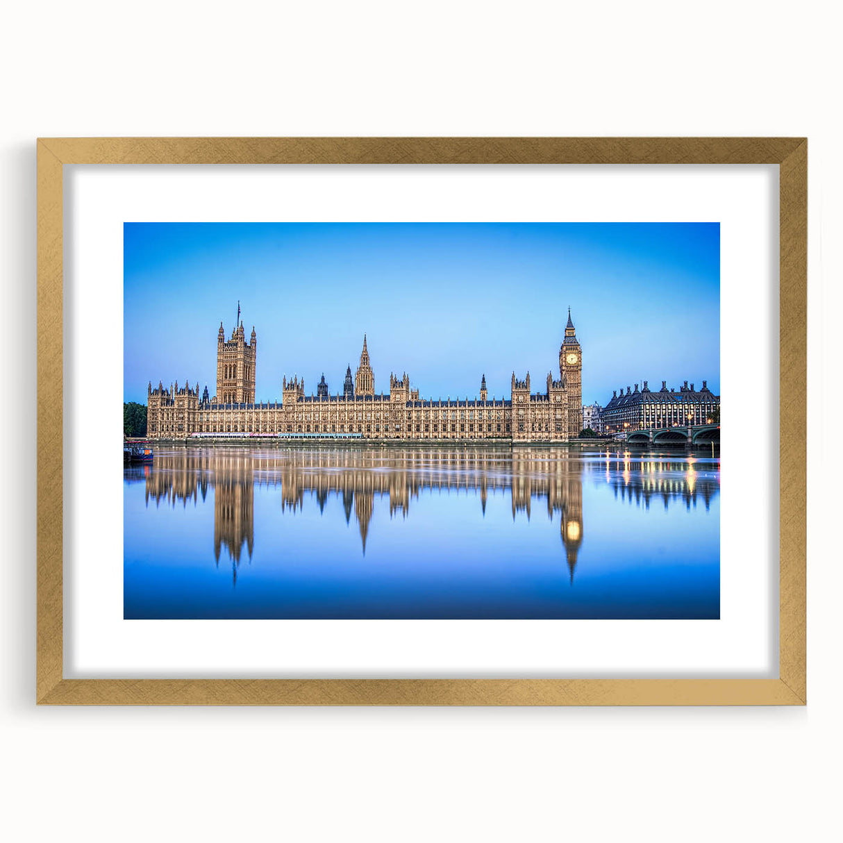 Abstract art print of the Thames River in muted gray and blue tones, framed with a gold mat, suitable for dining room decor.