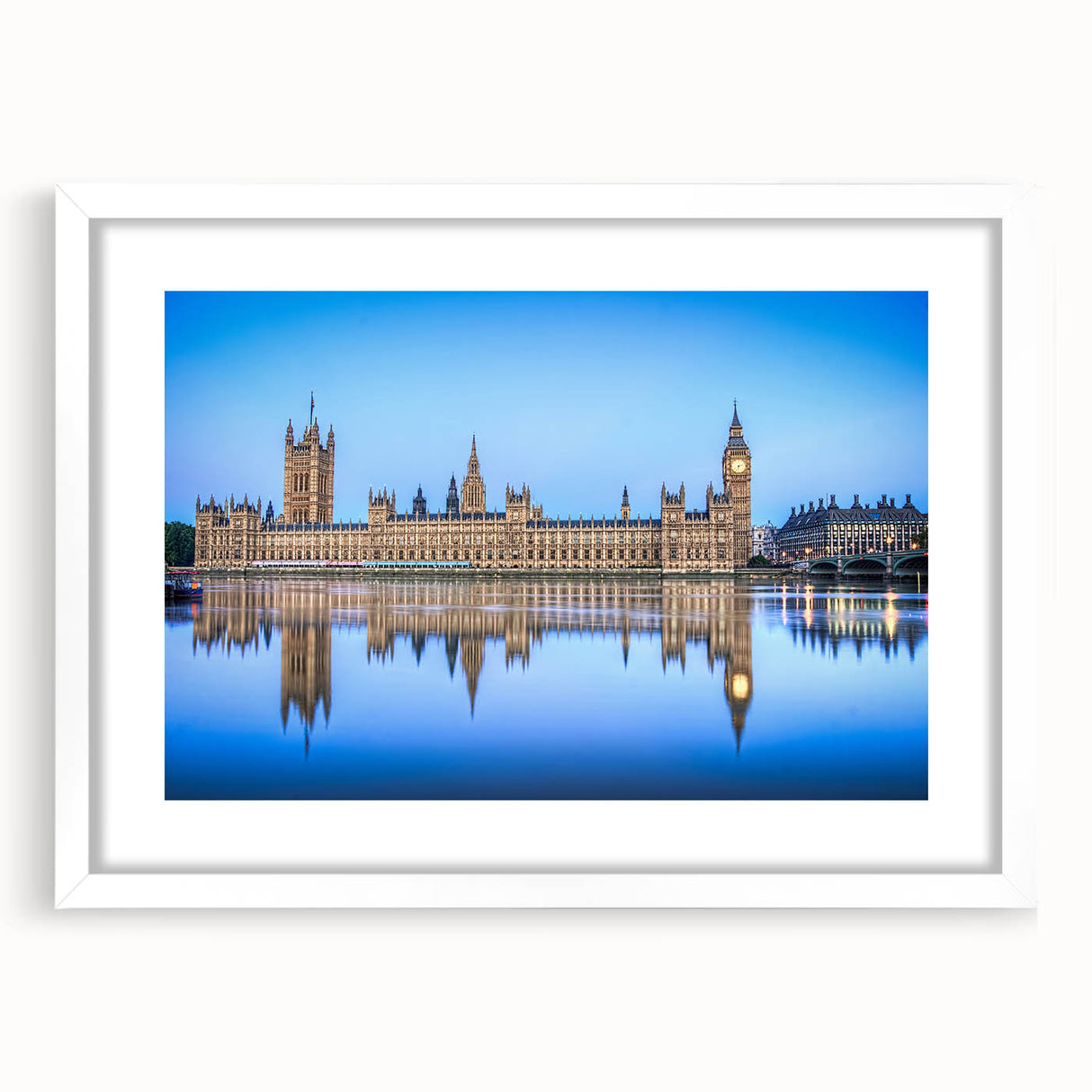 Textured art print of the Thames River in muted gray and blue tones, framed with a white mat, suitable for bedroom decor.