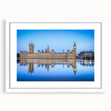 Textured art print of the Thames River in muted gray and blue tones, framed with a white mat, suitable for bedroom decor.