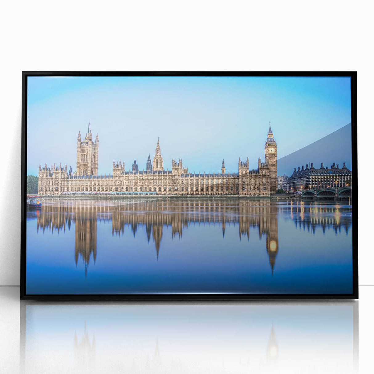 Large abstract wall art of the Thames River in muted gray and blue tones, framed in black acrylic.