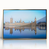 Art deco poster of the Thames River in muted gold and blue tones on framed acrylic, suitable for modern art wall decor.