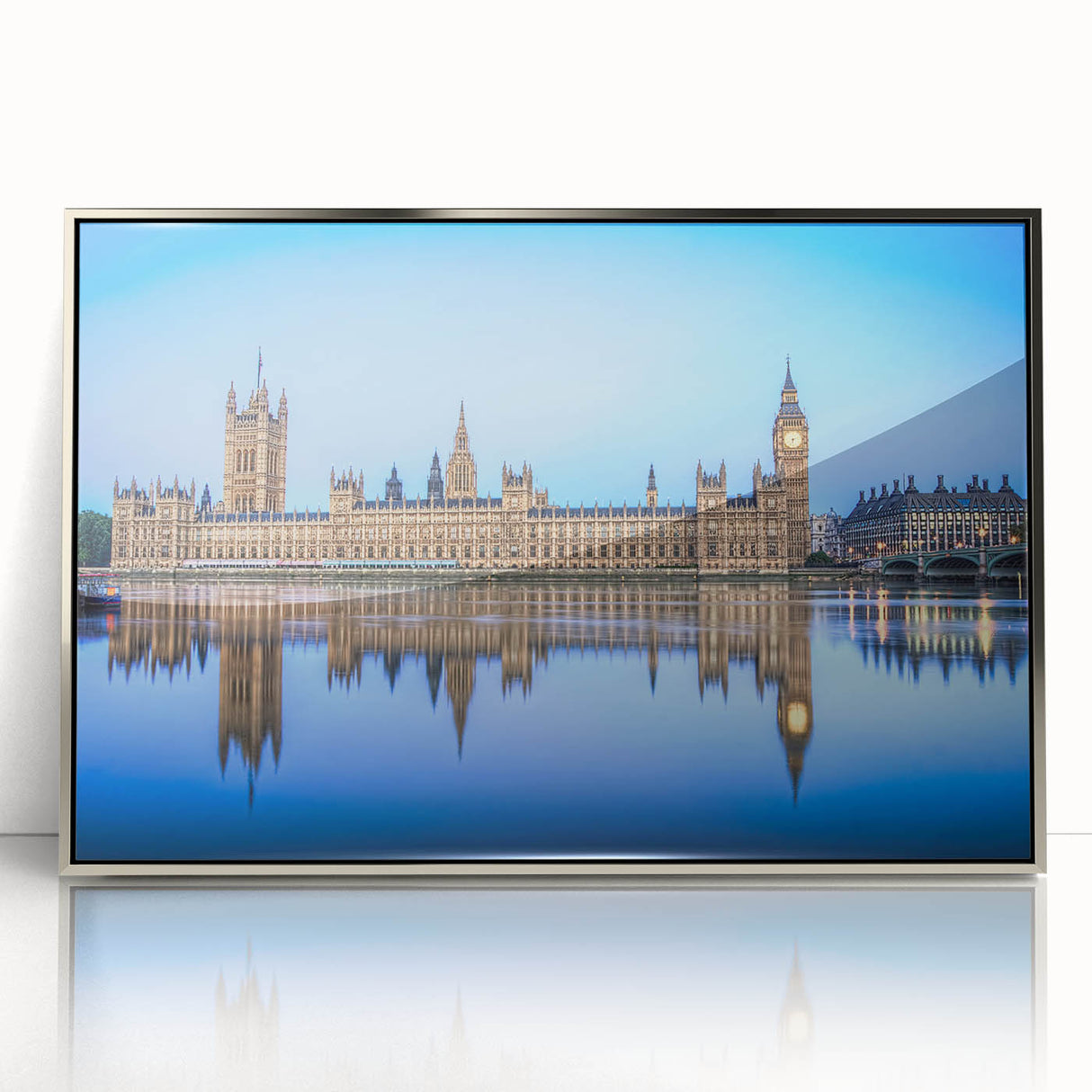 Large acrylic print of the Thames River in England, featuring muted colors and mid-century modernist style.