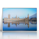 Mid-century modernist art of the Thames River in England, featuring muted blue and gray tones on a framed acrylic print.