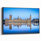 Black and white framed canvas of the Thames River, ideal for bedroom wall art in a vintage poster style.