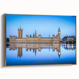 Framed canvas depicting the Thames River in England, featuring muted earth tones and a vintage poster style.