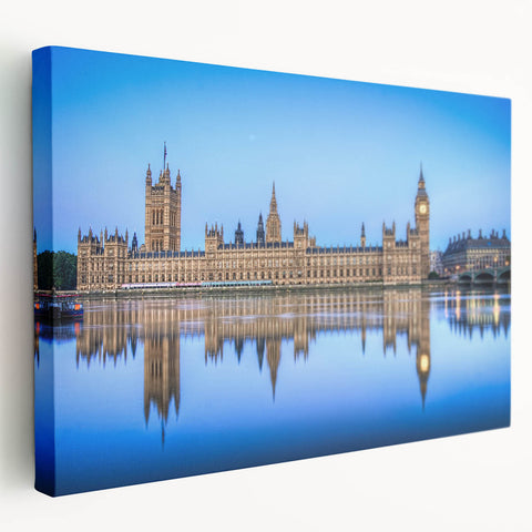 Large canvas art of the Thames River, England, in muted blue and gray tones, ideal for kitchen wall decor.