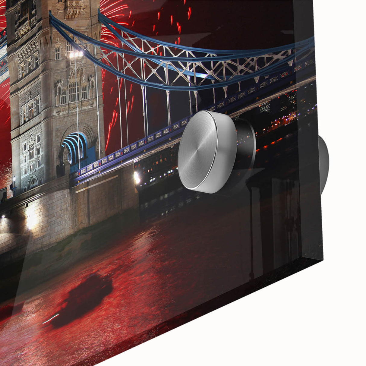 Acrylic print of Tower Bridge in muted gray and blue tones, ideal for dining room art or large art prints.