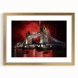Abstract art print of Tower Bridge with muted blue and gray tones on a framed canvas, suitable for dining room decor.