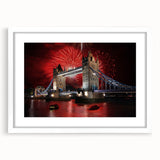 Textured art print of Tower Bridge in muted gray shades on a framed white mat, suitable for bedroom decor.