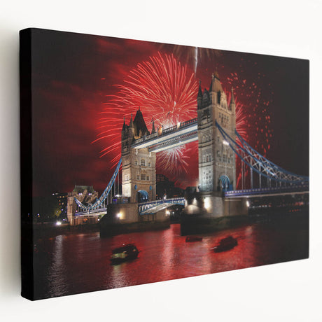 Side view of a large canvas print featuring the Tower Bridge in muted blue and gray tones, ideal for kitchen wall art.