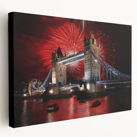 Side view of a large canvas print featuring the Tower Bridge in muted blue and gray tones, ideal for kitchen wall art.