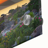 Large abstract wall art depicting a European landscape in muted earth tones, printed on acrylic glass.