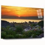 Large abstract wall art depicting a serene Estonian landscape in muted blues and greens on acrylic glass.