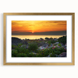 Abstract art print depicting a European landscape in muted earth tones, framed in gold, suitable for dining room decor.