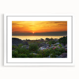 Textured abstract art print of a European scenery in muted earth tones on a framed white mat, ideal for bedroom art.