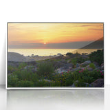 Mid-century modernist art depicting a serene Estonian landscape, in a white framed acrylic print, ideal for nursery wall art.