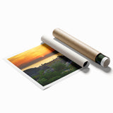 Scenic view of an Estonian landscape on a rolled canvas print, featuring muted green and blue tones.
