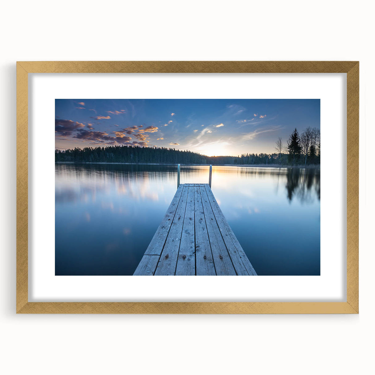 Abstract art print of a serene Finnish landscape in muted blues and greens, framed in gold, ideal for dining room decor.