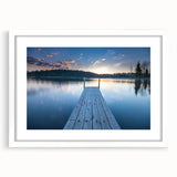 Abstract textured art print depicting a serene Finnish landscape in muted blues and greens, framed with a white mat.