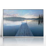 Mid-century modernist art depicting a serene Finnish landscape in muted colors on a framed acrylic.