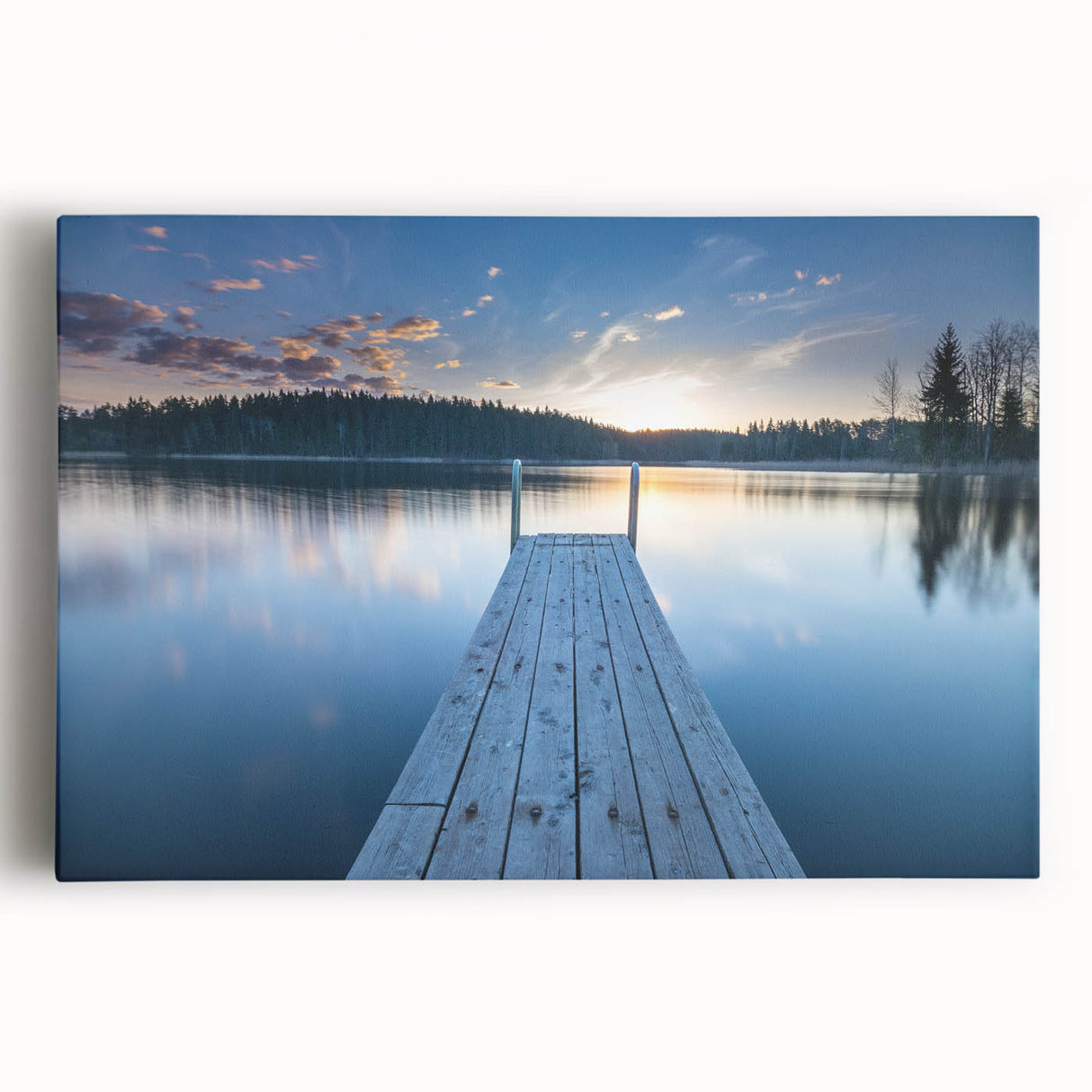 Black and white photograph of a serene Finnish landscape on large stretched canvas.