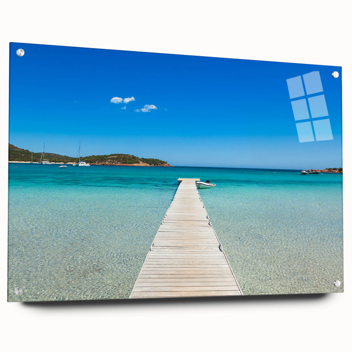 Large abstract wall art of a Corsican landscape in blue and green tones on acrylic glass, ideal for dining room decor.