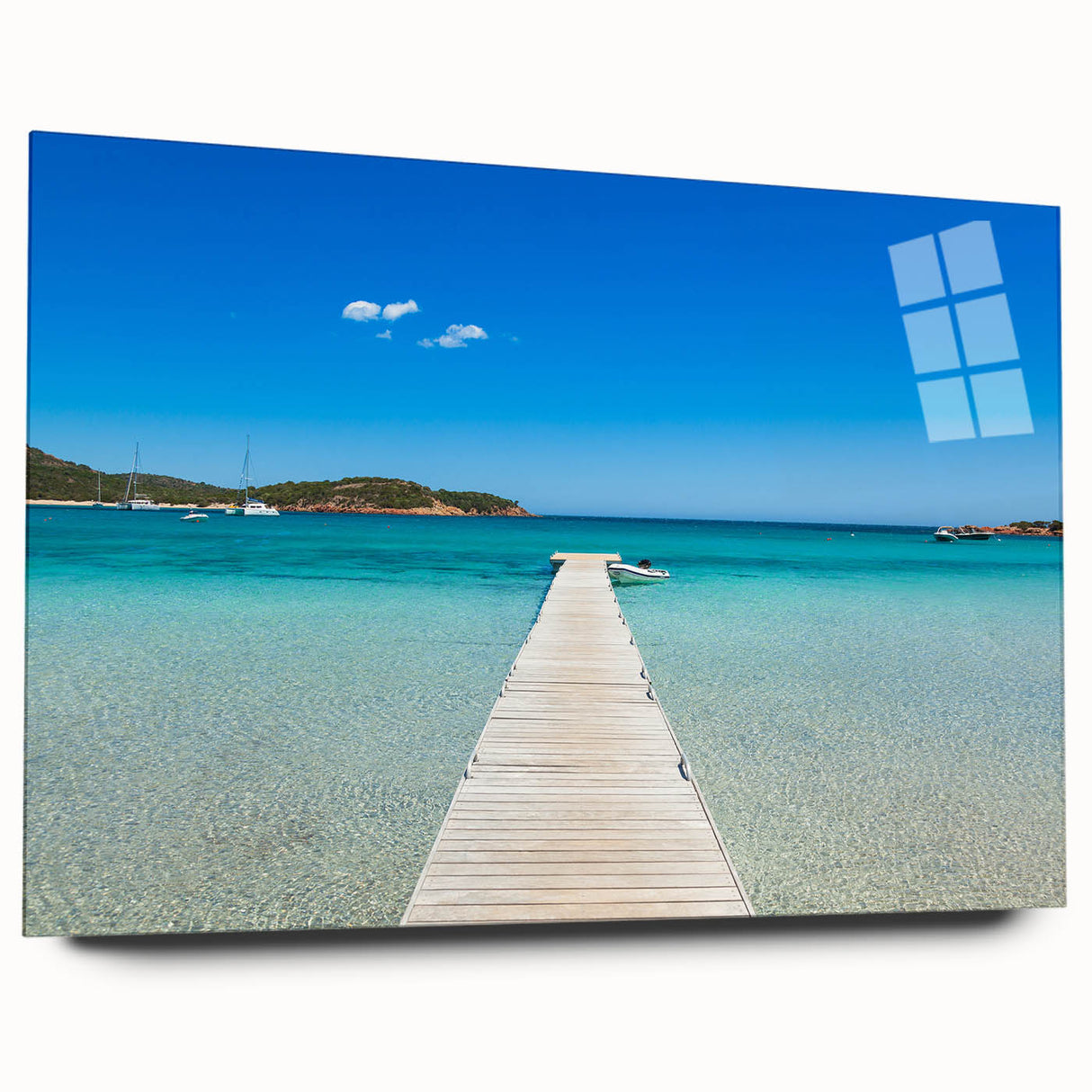 Large abstract wall art of a Corsican landscape in muted earth tones on acrylic glass.