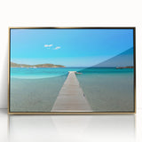 Art deco style poster of Corsican landscape in muted gold and blue tones, acrylic framed, suitable for modern art wall decor.