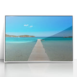 Mid-century modernist art of a Corsican landscape on framed acrylic, featuring muted earth tones, ideal for nursery wall art.