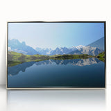 Large art print of the French Alps in muted earth tones on a silver-framed acrylic, ideal for modern art wall decor.