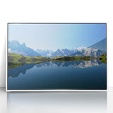 Mid-century modernist art of the French Alps in muted earth tones, framed acrylic, ideal for nursery wall decor.