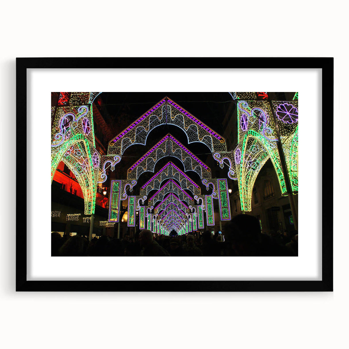 Abstract art print of Lyon scenery in vibrant colors on a textured, extra large canvas, framed in black.