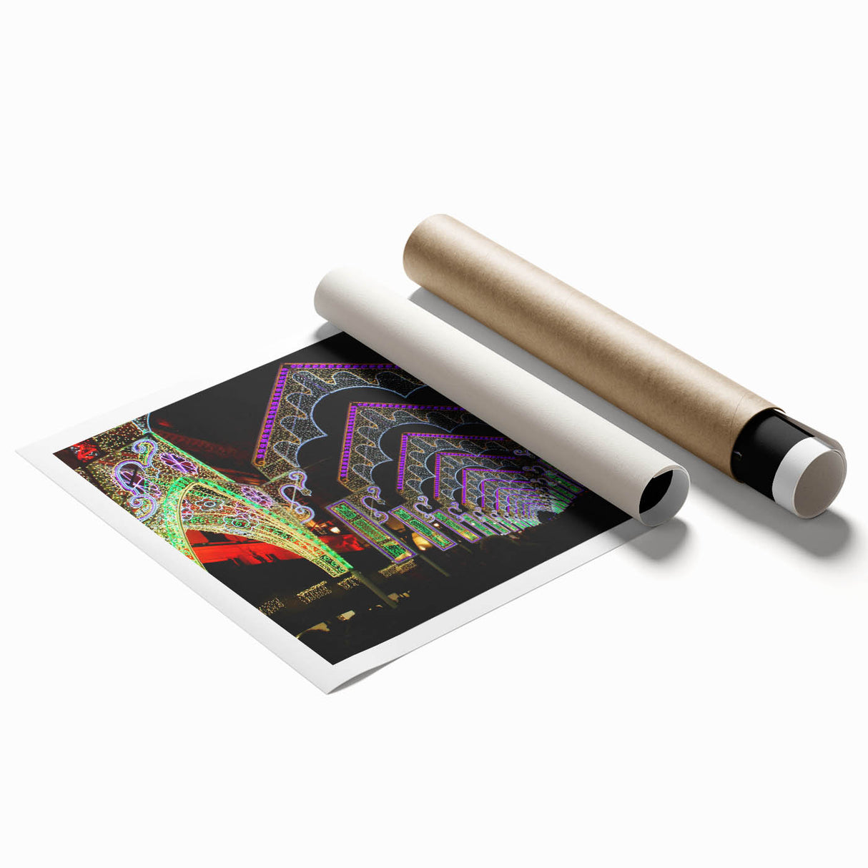 Rolled print of Lyon scenery with floral elements in soft pastel shades.
