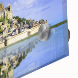 Large abstract wall art featuring a mid-century modernist style Paris scene in muted grays and blues on acrylic glass.