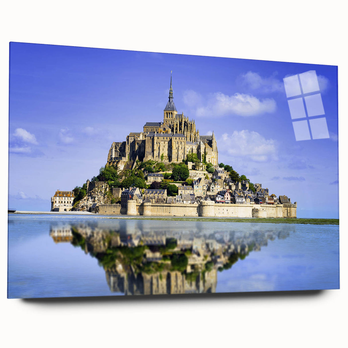 Large abstract wall art depicting a serene European landscape in muted blue and green tones on acrylic glass.