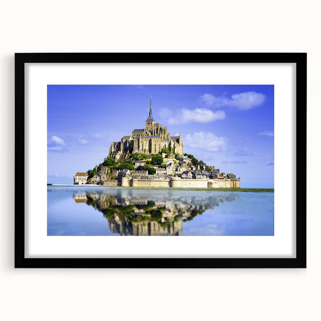 Extra large abstract art print featuring colorful, textured scenery of a European landscape on a framed black mat.
