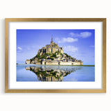 Abstract art print depicting a serene French landscape in muted earth tones, framed in gold, suitable for dining room decor.