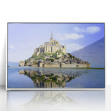 Mid-century modernist art depicting a scenic European landscape in muted earth tones, acrylic print framed in white.