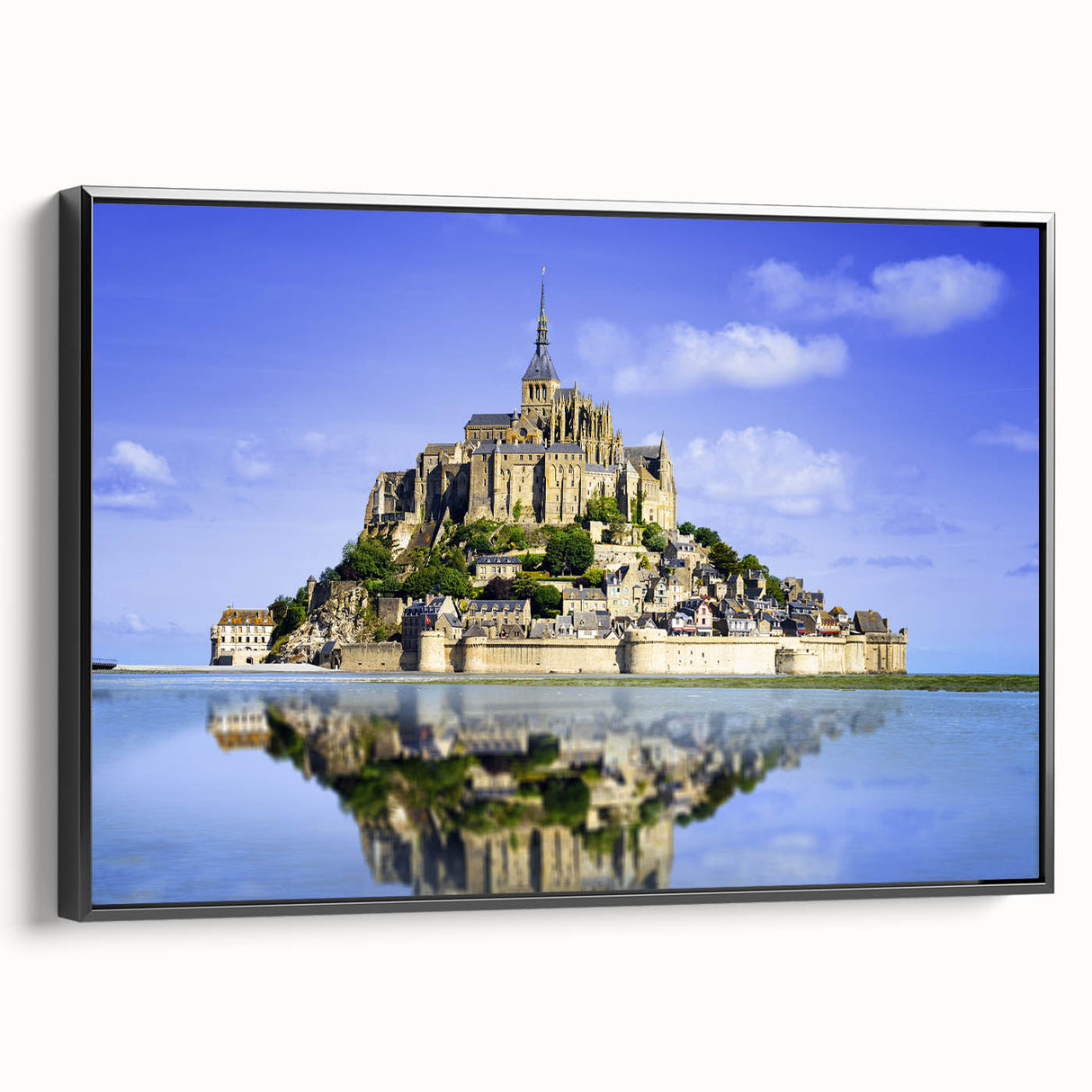 Black and white landscape art painting of a vintage French scene on framed canvas, ideal for bedroom decor.