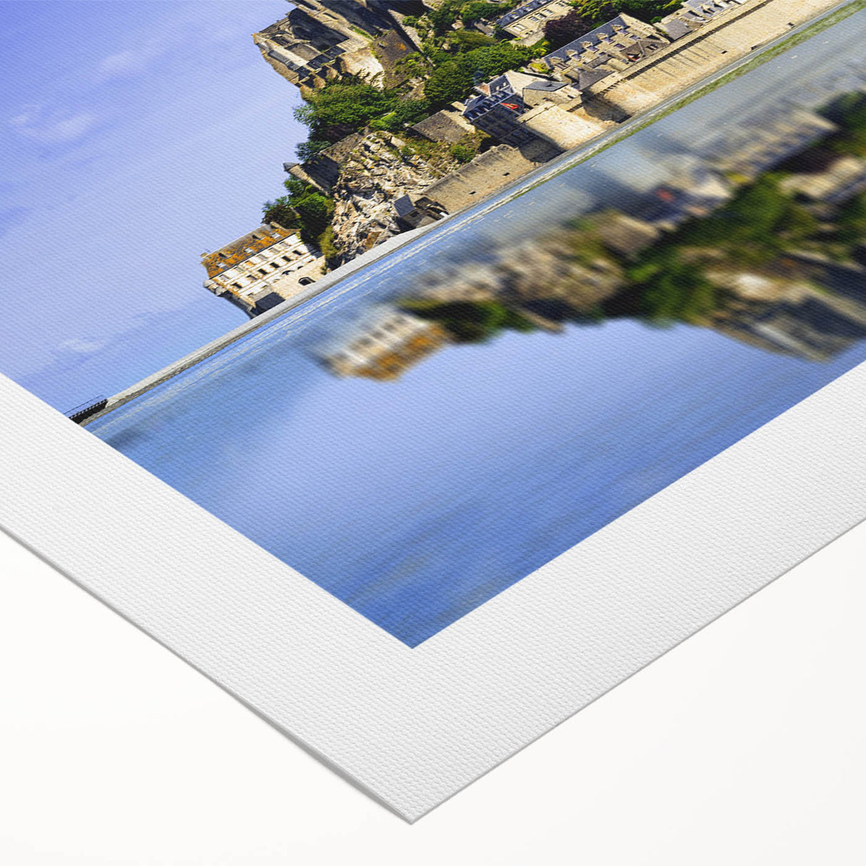 Art deco poster of a serene French landscape in muted green and blue tones on rolled canvas, suitable for dining room decor.