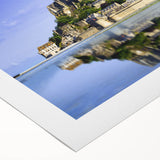 Art deco poster of a serene French landscape in muted green and blue tones on rolled canvas, suitable for dining room decor.