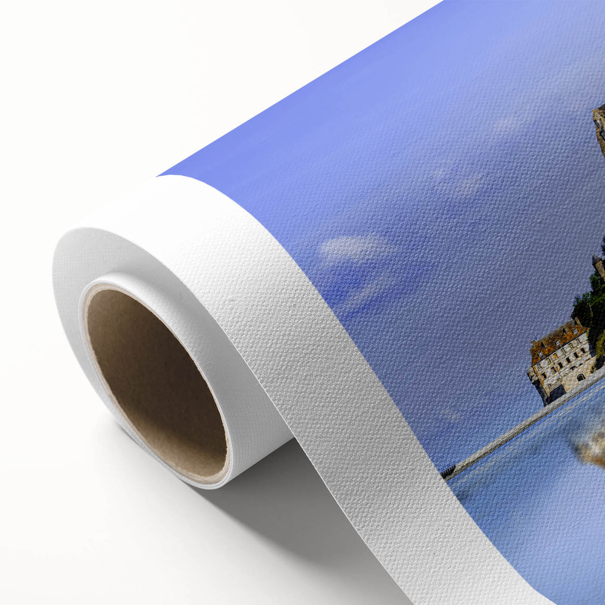 Art Deco poster of a serene French landscape on rolled canvas, with soft pastel colors.