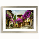 Extra large abstract art print of a textured European scenery in muted colors, framed in silver, ideal for living room decor.