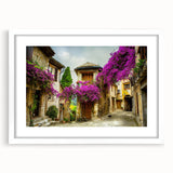 Textured abstract art print of a European coastal scene in muted blue and white, framed with a white mat.