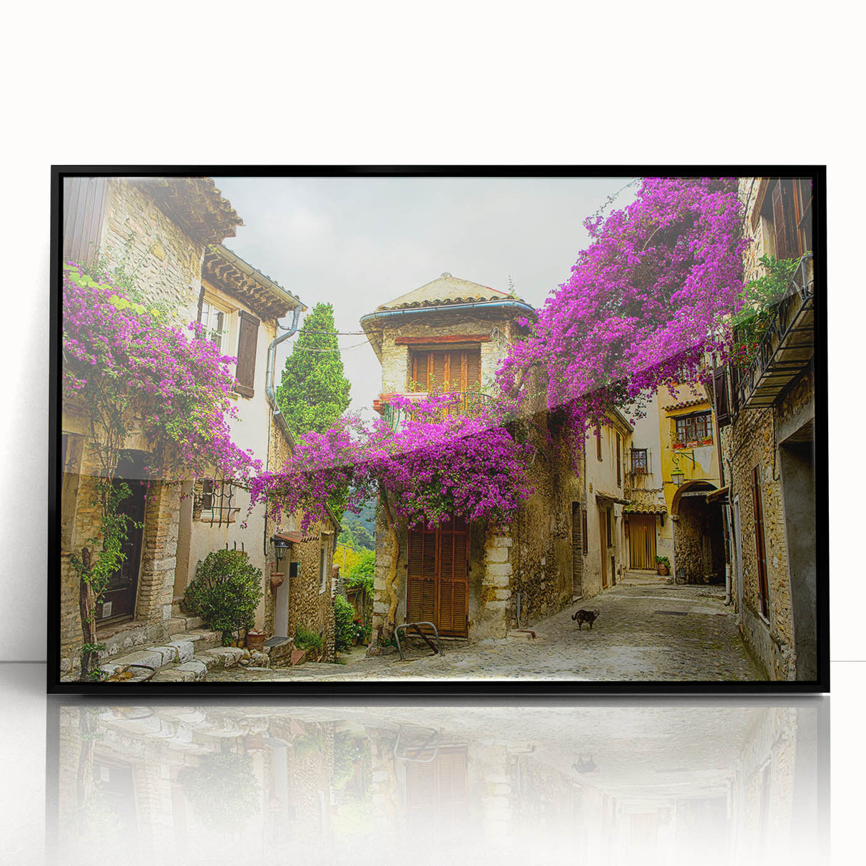 Large abstract wall art depicting a mid-century modernist scene in Nice, France, with muted earth tones on a framed acrylic.