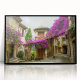 Large abstract wall art depicting a mid-century modernist scene in Nice, France, with muted earth tones on a framed acrylic.