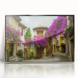 Mid-century modernist art of Nice, France with muted blue and tan tones on a silver-framed acrylic print.