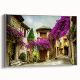 Landscape art painting of Nice, France on a framed canvas, featuring colorful vintage poster art with black edges.