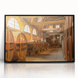 Large abstract wall art depicting a Normandy landscape in muted green and blue tones, acrylic print in a black frame.